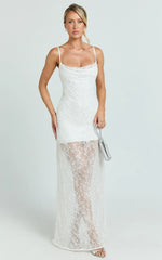 Alana Maxi Dress - Lace Sequin Cowl Neck Dress in White