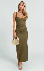 Benita Midi Dress - Scoop Neck Ruched Fitted Dress in Olive