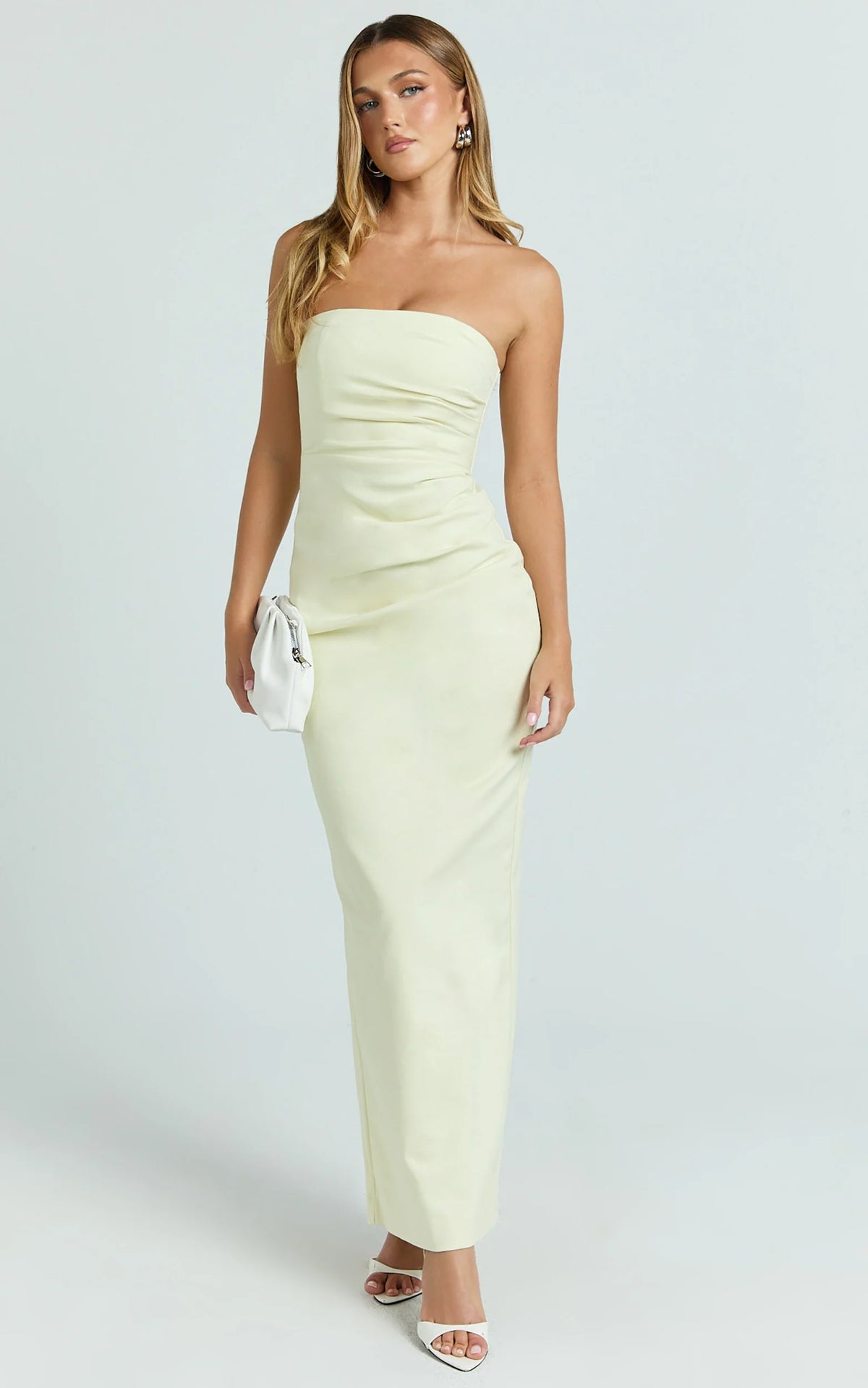 Jamie Maxi Dress - Strapless Ruched Fitted Column Dress in Lemon