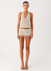 Pearl Shore Beaded Crochet Top - Ivory