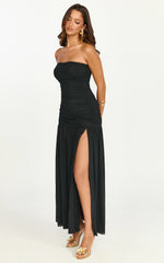 Marguerite Maxi Dress - Strapless Ruched Mesh High Leg Split Dress in Black