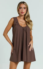 Chocolate Deep U Gathered Neck Smock Mini Dress