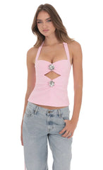 Cutout Floral Embellished Top in Pink