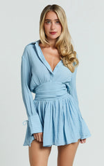 Pale Blue Collared Long Sleeve Corset Waist Mini Shirt Dress