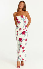 Dahlia Midi Dress - Strapless Draped Cowl Waist Fitted Dress in Scarlet Rose Print