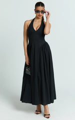 Black Halter Drop Waist Midi Dress