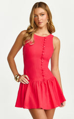 Cortez Mini Dress - High Neck Button Down Dress in Red