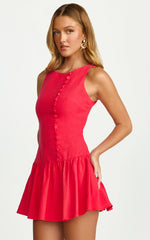 Cortez Mini Dress - High Neck Button Down Dress in Red