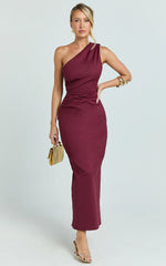 Karlie Midi Dress - One Shoulder Fitted Dress in Wine