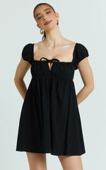 Brooks Mini Dress - Puff Sleeve Front Tie Babydoll Dress in Black