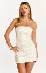 Zola Mini Dress - Strapless A Line Sequin Dress in Pearl