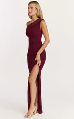 Helen Maxi Dress - One Shoulder Draped Fitted Dress in Wine
