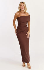 Pearce Maxi Dress - Gathered One Sleeve Bodycon Dress in Brown