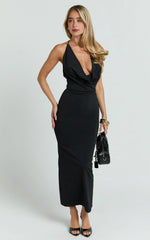 Black Midi Slip Dress with Low Cowl and Open Back