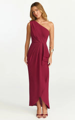 Namaari Midi Dress - Faux Wrap One Shoulder Dress in Wine
