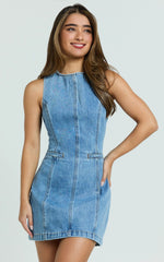 Olenna Mini Dress - High Neck Fitted Denim Dress in Mid Blue Wash