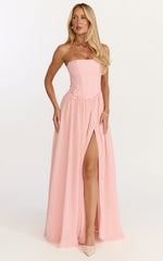 Penny Maxi Dress - Strapless Corset Bodice Floral Embellished Dress in Soft Pink