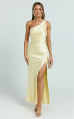 Isla Maxi Dress - Satin One Shoulder Side Split Dress in Lemon