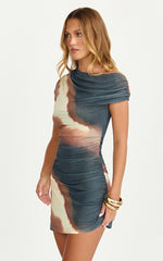 Bella Mini Dress - Mesh Off Shoulder Dress in Rust Print