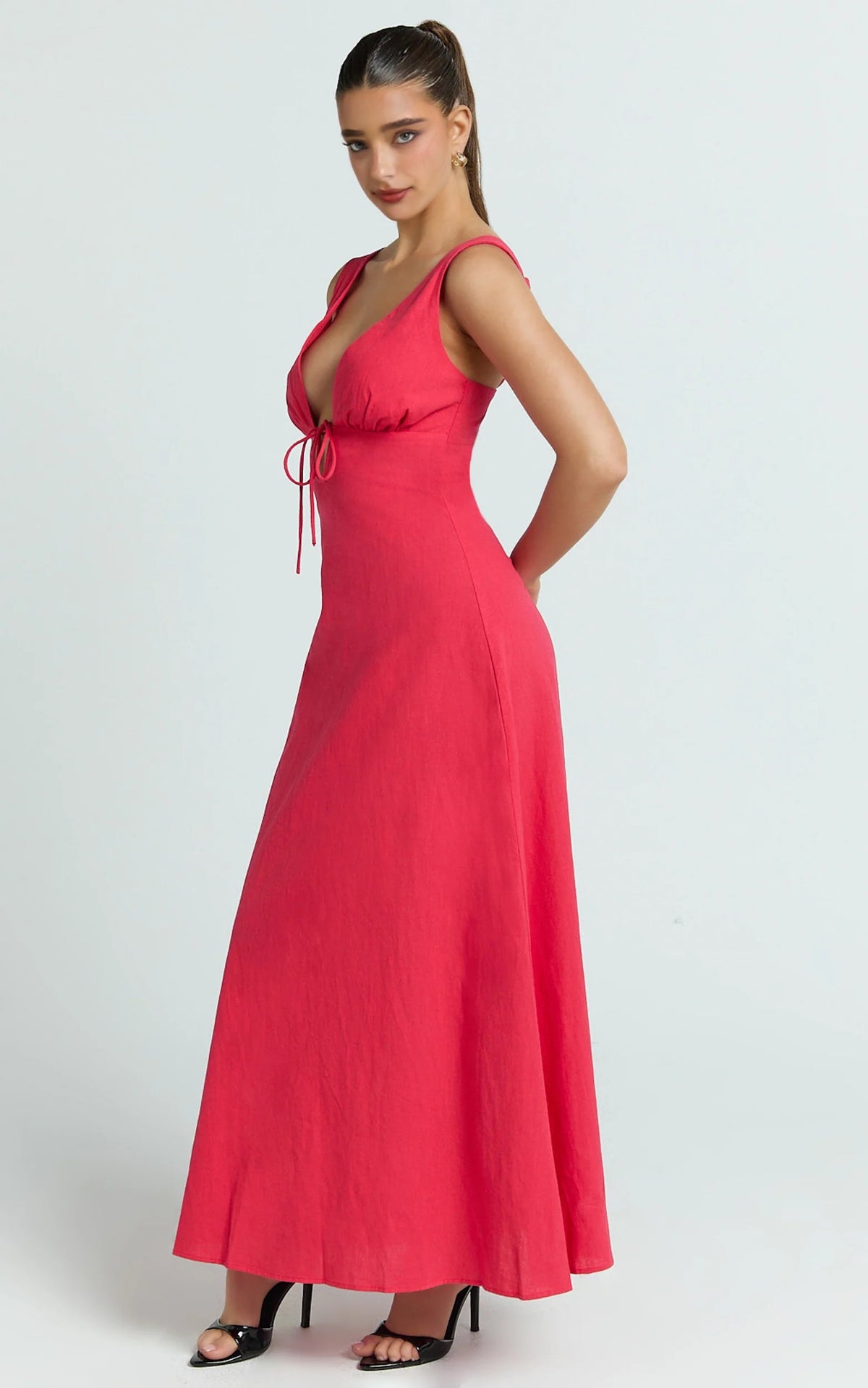 Red Plunge Neckline Tie Front A Line Midi Dress
