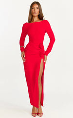Vivienne Maxi Dress - Boat Neck Long Sleeve Rosette Detail Dress in Red