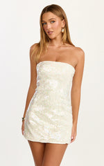 Zola Mini Dress - Strapless A Line Sequin Dress in Pearl