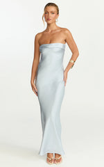 Zaya Midi Dress - Strapless Satin Slip Dress in Pale Blue