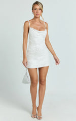 Alana Mini Dress - Sequin Lace Cowl Neck Dress in White