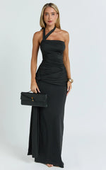 Ginny Maxi Dress - Asymmetric Neck Waist Tie Dress in Black