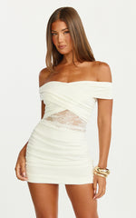 Juliet Mini Dress - Off Shoulder Lace Contrast Dress in Ivory