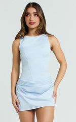 Mini High Neck Draped Skirt Dress in Pale Blue
