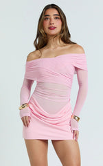 Pink Long Sleeve Off-Shoulder Draped Bias Cut Mini Dress