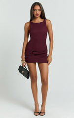 Wyatt Mini Dress - High Boatneck Twist Band Skirt Fitted Dress in Wine