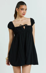 Brooks Mini Dress - Puff Sleeve Front Tie Babydoll Dress in Black