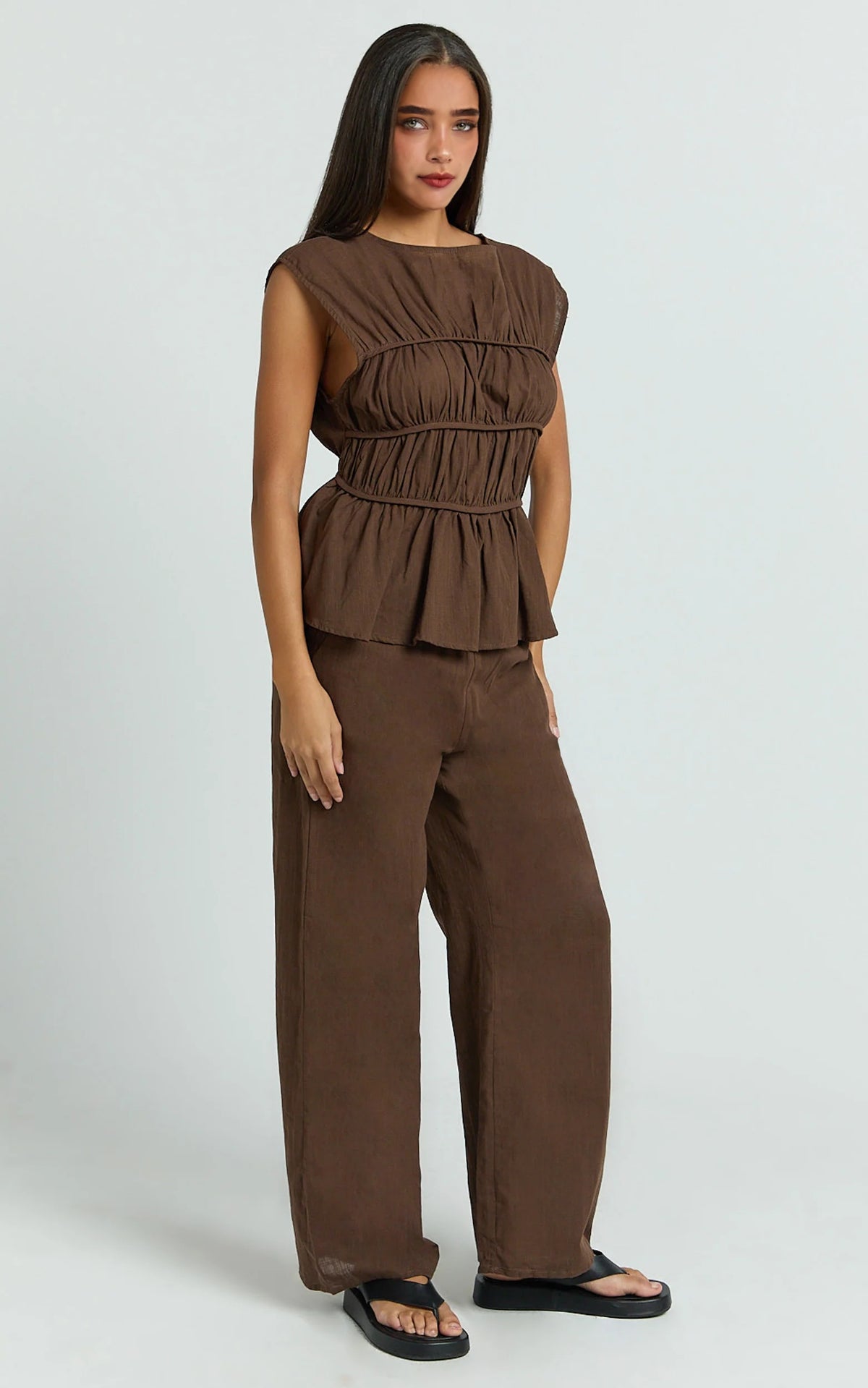 Two Piece Set - Ruched Detail Top and Wide Leg Pants in Brown