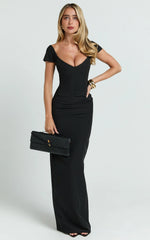 Black Off-Shoulder Plunge High-Split Maxi Dress