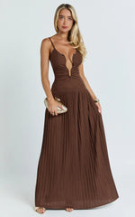 Hathaway Maxi Dress - U Shaped Neck Pleated Dress in Chocolate