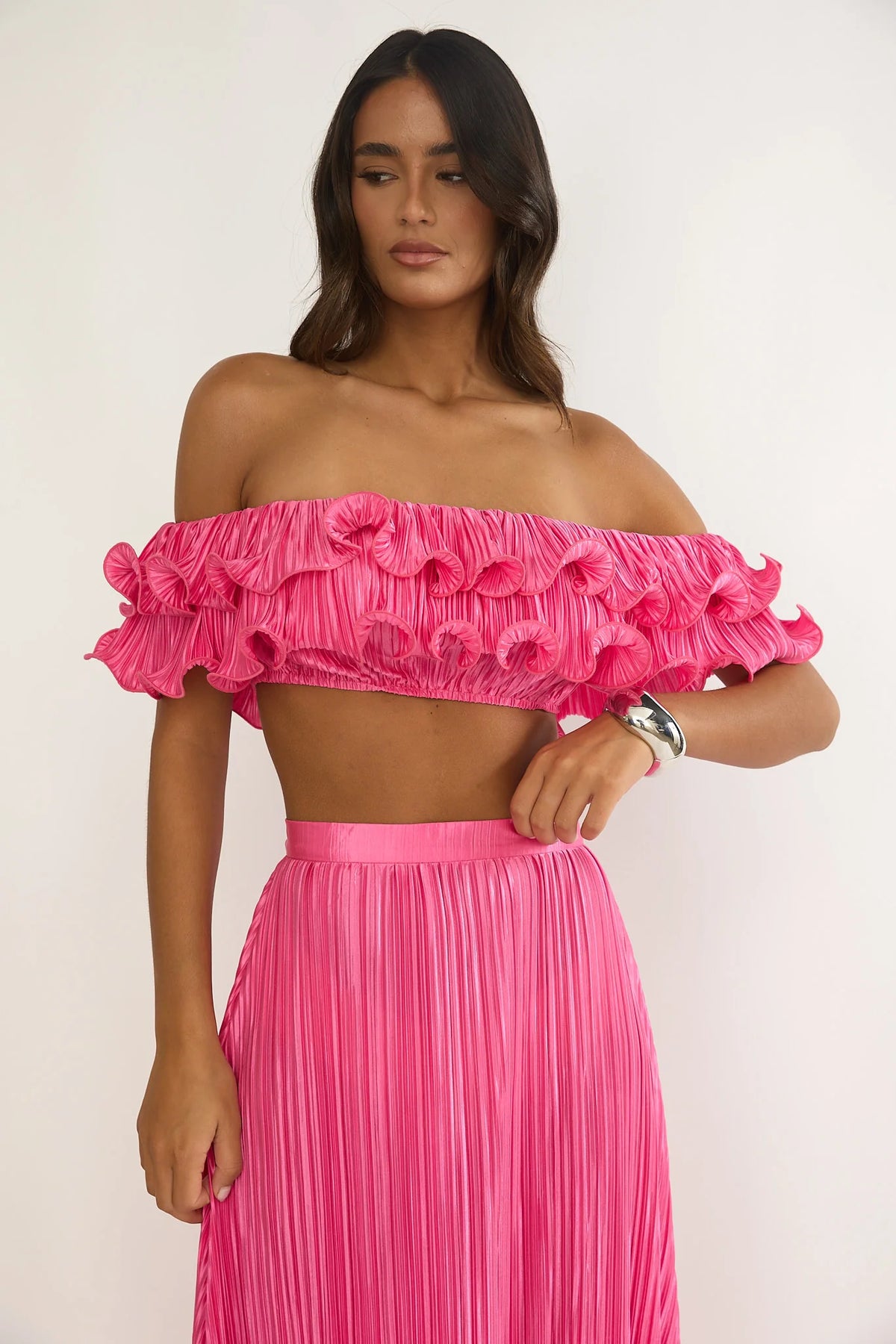 Amaria Off-Shoulder Lettuce Edge Crop Top Hot Pink
