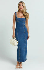 Kristie Maxi Dress - Wide Neck Corset Detail Denim Dress in Dark Blue Wash