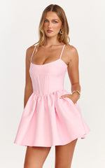 Louisa Mini Dress - Boned Bodice Lace Up Back Dress in Soft Pink