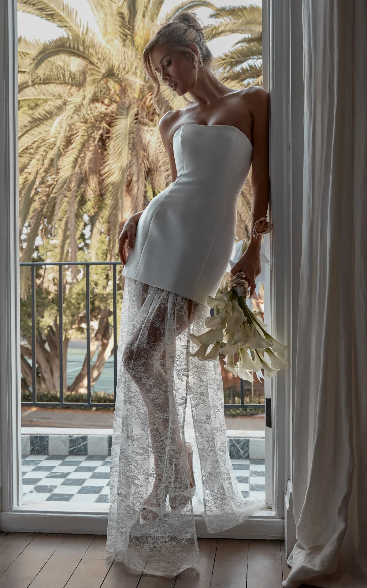 Alegra Maxi Dress - Peplum Bodice Lace Skirt Dress in Ivory