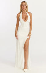 Lacey Maxi Dress - Lace Corset Style Bodice Halter Dress in White
