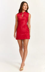 Atalia Mini Dress - Mandarin Collar Jacquard A Line Dress in Red