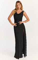 Rachel Maxi Dress - Cowl Neck Jacquard Front Split Dress in Black