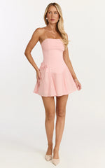 Penny Mini Dress - Strapless Corset Bodice Floral Embellished Godet Dress in Soft Pink