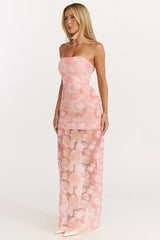 Lima Maxi Dress - Strapless Floral Embellished Column Dress in Pink