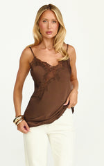 Ava Top - Lace Trim Longline Camisole Top in Chocolate