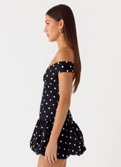 Endless Romance Off Shoulder Mini Dress - Black Polkadot