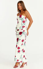 Dahlia Midi Dress - Strapless Draped Cowl Waist Fitted Dress in Scarlet Rose Print