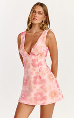 Lima Mini Dress - Plunge Neck Floral Embellished A Line Dress in Pink